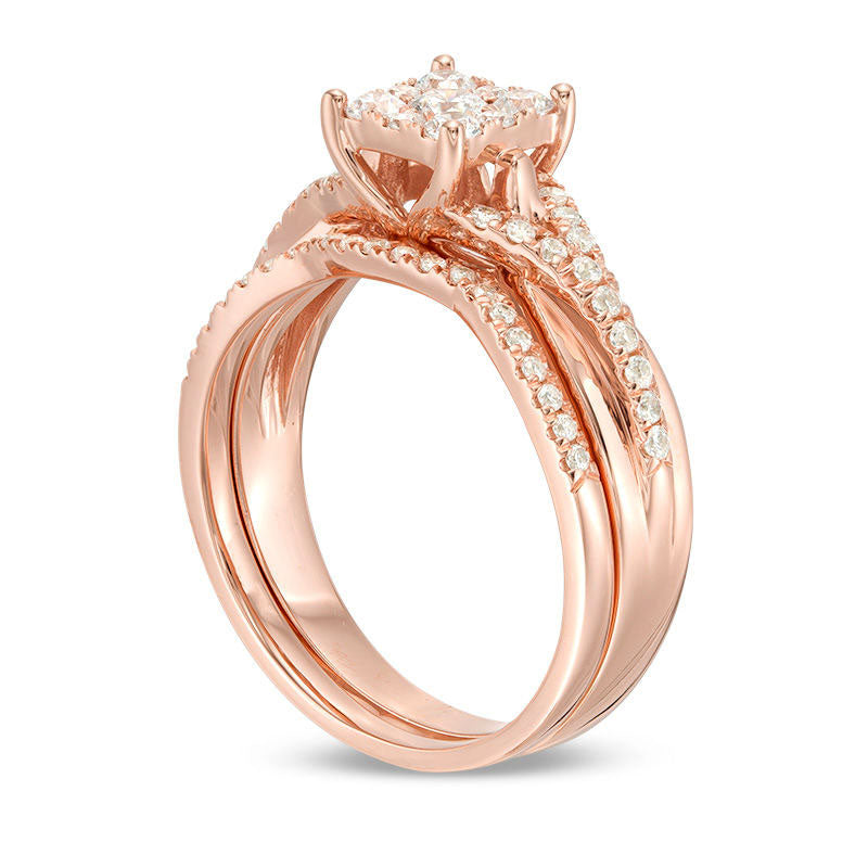 0.63 CT. T.W. Natural Diamond Square Frame Bridal Engagement Ring Set in Solid 14K Rose Gold