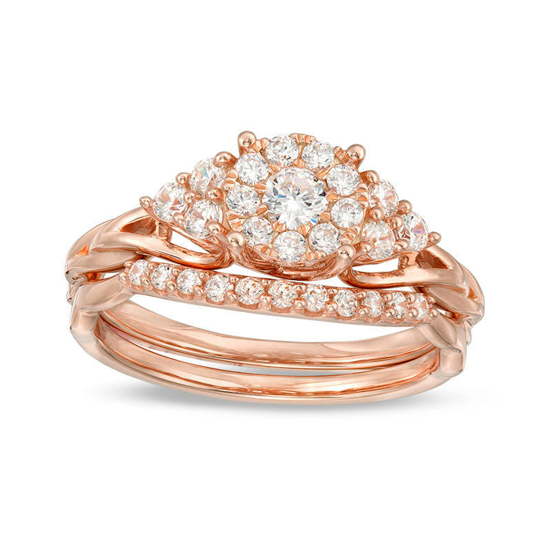 0.63 CT. T.W. Natural Diamond Frame Tri-Sides Layered Shank Bridal Engagement Ring Set in Solid 14K Rose Gold