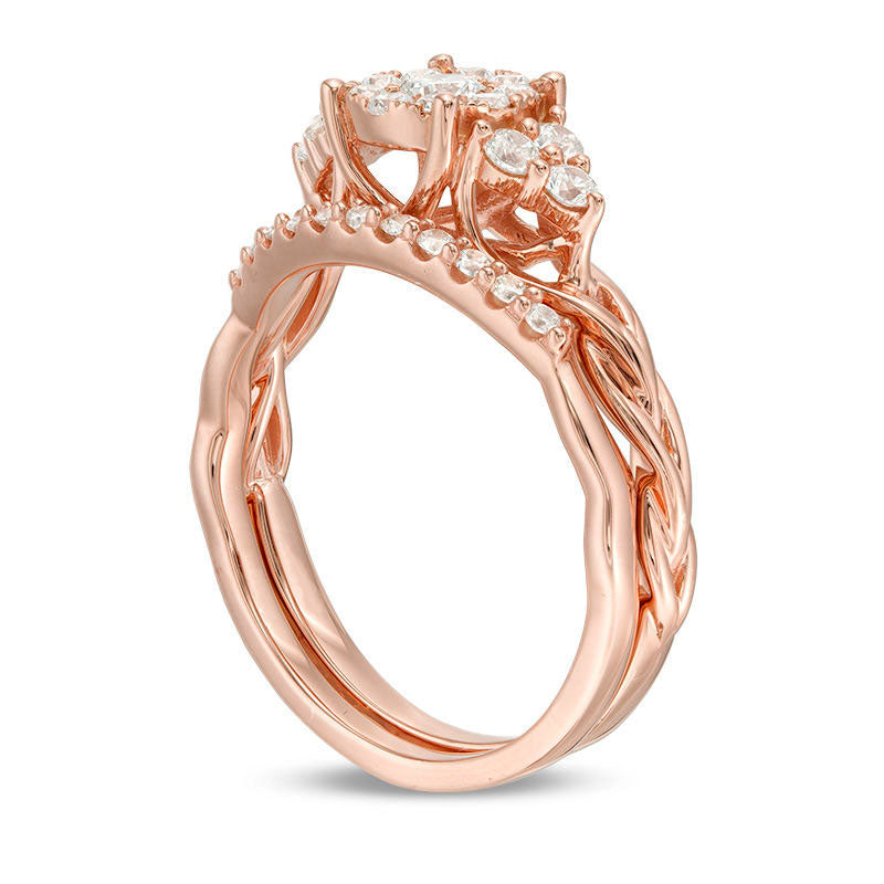 0.63 CT. T.W. Natural Diamond Frame Tri-Sides Layered Shank Bridal Engagement Ring Set in Solid 14K Rose Gold