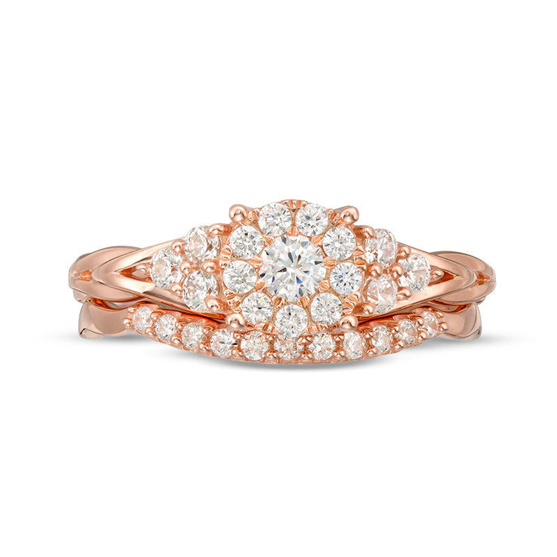 0.63 CT. T.W. Natural Diamond Frame Tri-Sides Layered Shank Bridal Engagement Ring Set in Solid 14K Rose Gold