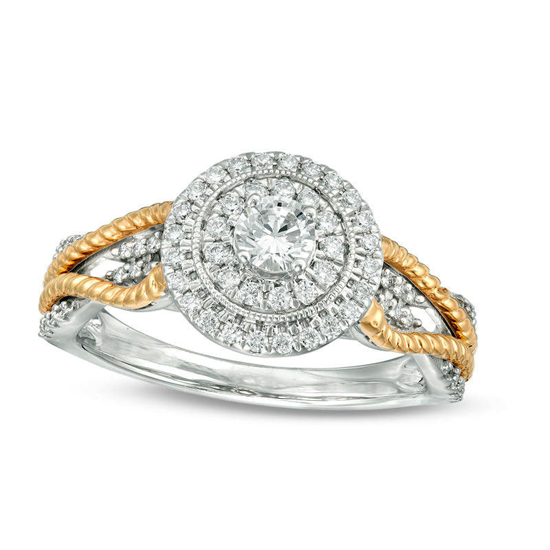 0.50 CT. T.W. Natural Diamond Double Frame Layered Rope Shank Antique Vintage-Style Engagement Ring in Solid 14K Two-Tone Gold