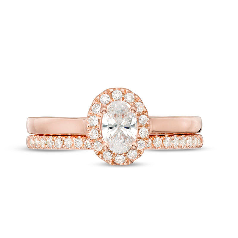 0.75 CT. T.W. Oval Natural Diamond Frame Bridal Engagement Ring Set in Solid 14K Rose Gold