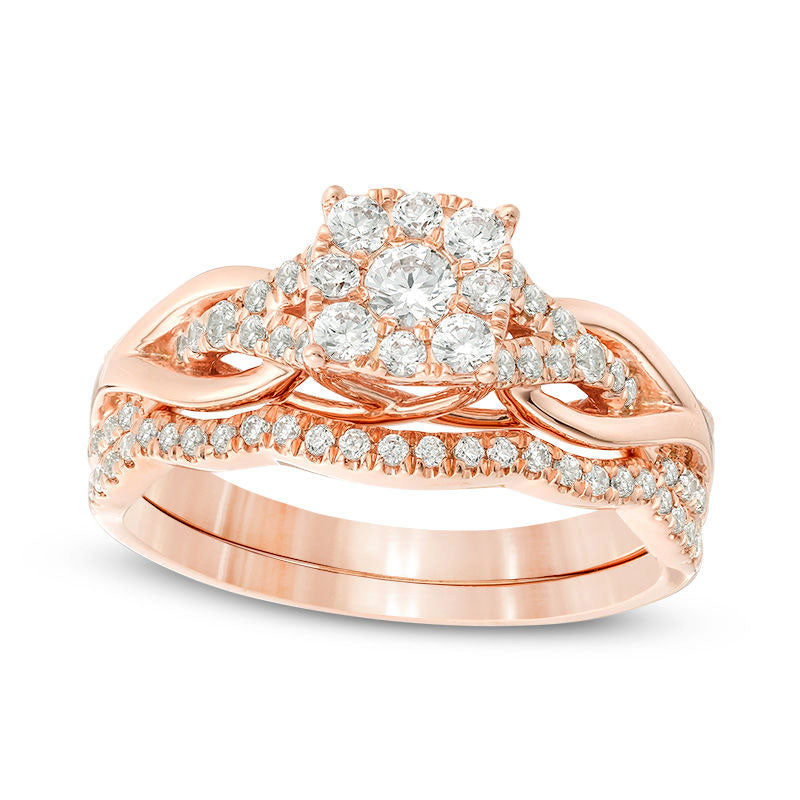 0.63 CT. T.W. Natural Diamond Square Frame Knot Shank Bridal Engagement Ring Set in Solid 14K Rose Gold