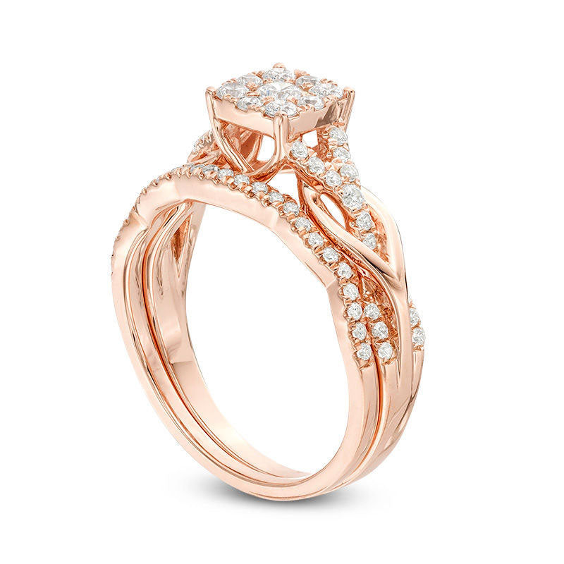 0.63 CT. T.W. Natural Diamond Square Frame Knot Shank Bridal Engagement Ring Set in Solid 14K Rose Gold