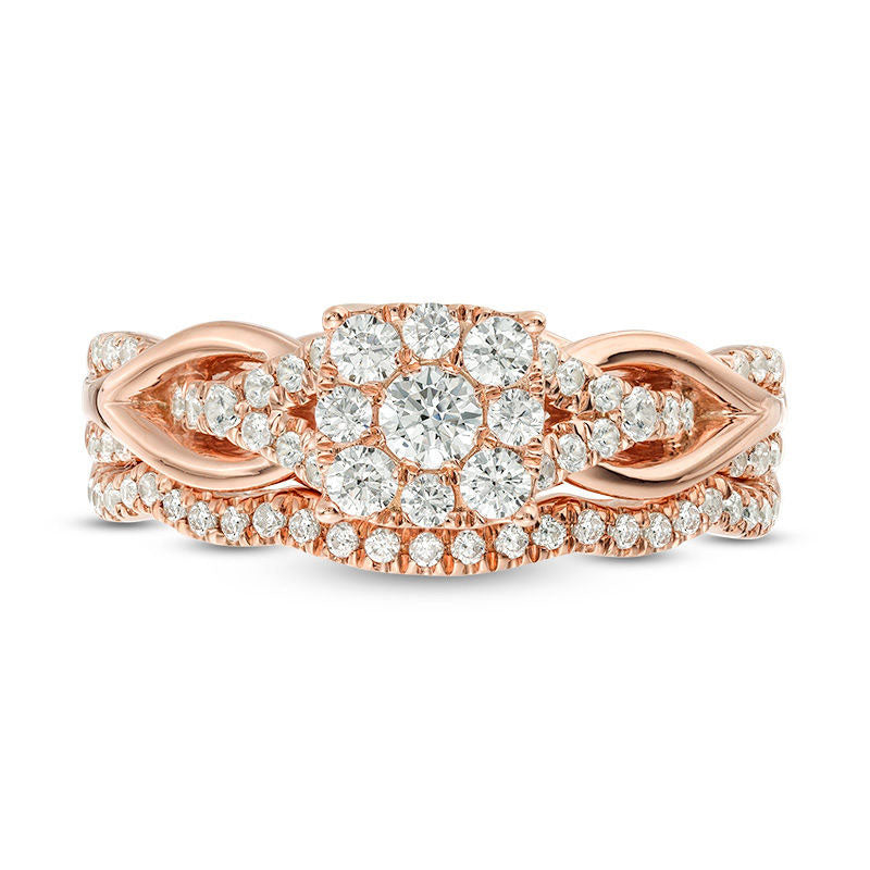 0.63 CT. T.W. Natural Diamond Square Frame Knot Shank Bridal Engagement Ring Set in Solid 14K Rose Gold