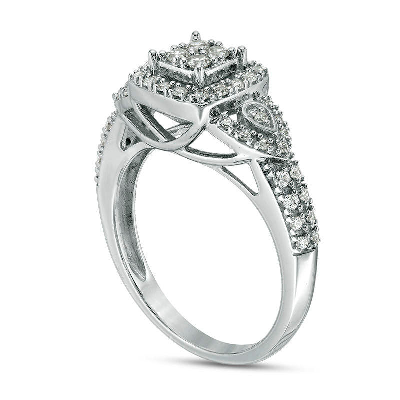 0.38 CT. T.W. Natural Diamond Cushion Frame Petal-Sides Engagement Ring in Solid 10K White Gold