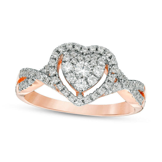 0.38 CT. T.W. Natural Diamond Double Heart Frame Twist Engagement Ring in Solid 10K Rose Gold