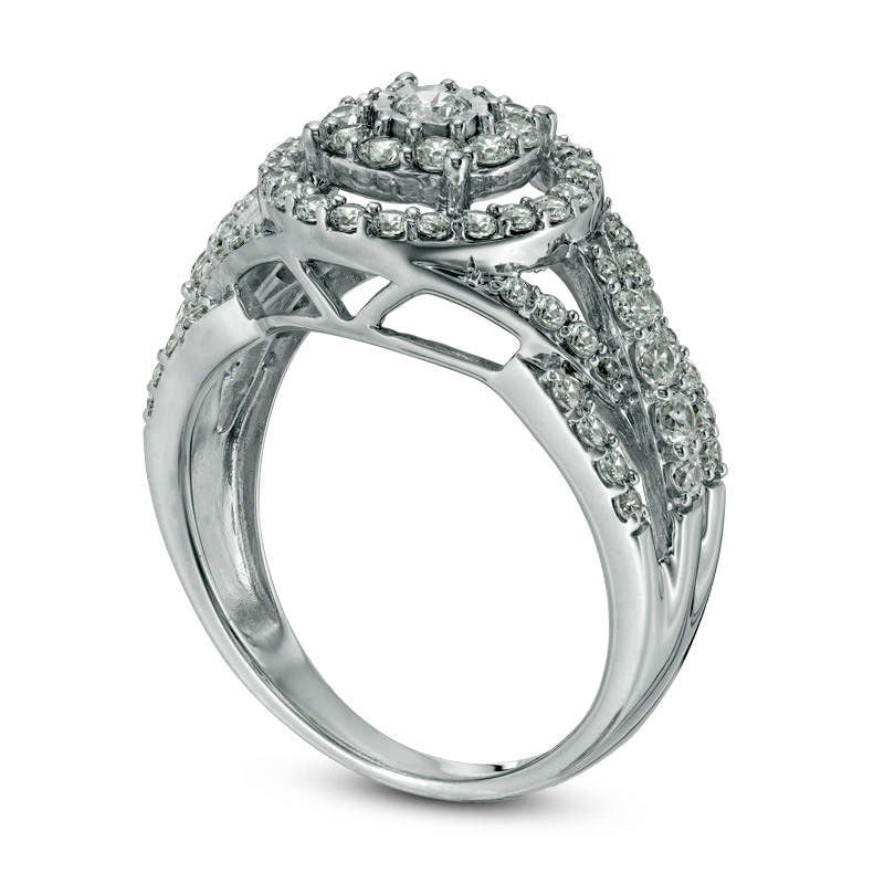 1.0 CT. T.W. Natural Diamond Double Frame Layered Crossover Shank Engagement Ring in Solid 10K White Gold