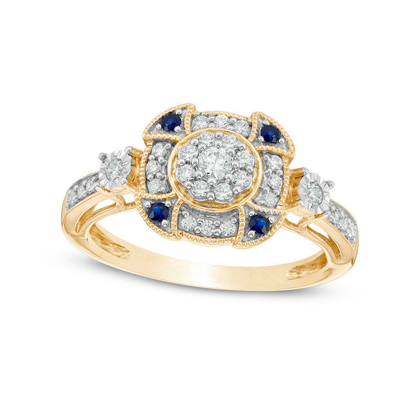 0.33 CT. T.W. Natural Diamond and Blue Sapphire Double Frame Antique Vintage-Style Engagement Ring in Solid 10K Yellow Gold