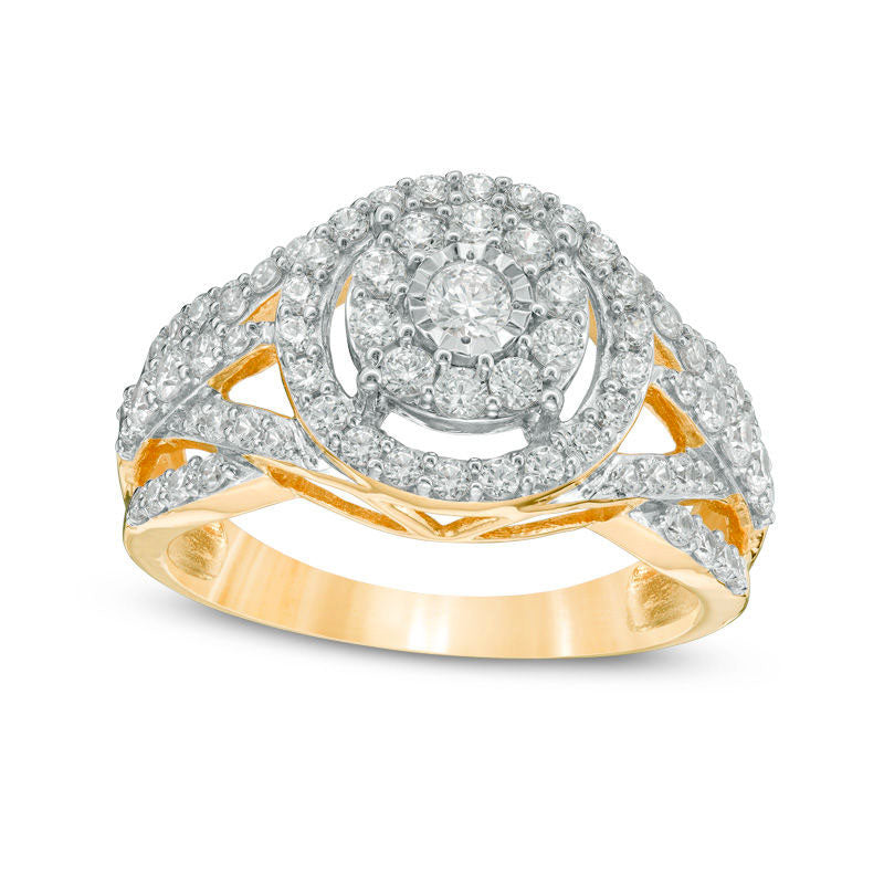 1.0 CT. T.W. Natural Diamond Double Frame Layered Crossover Shank Engagement Ring in Solid 10K Yellow Gold