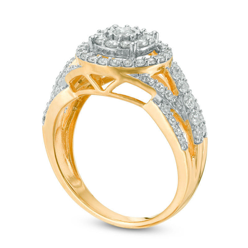 1.0 CT. T.W. Natural Diamond Double Frame Layered Crossover Shank Engagement Ring in Solid 10K Yellow Gold