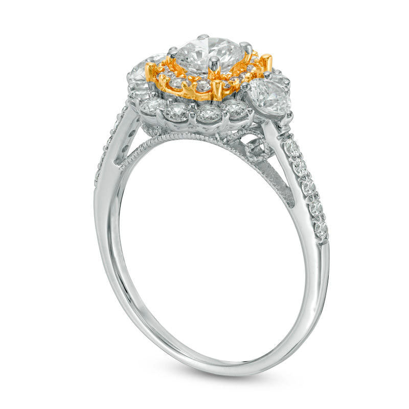 1.5 CT. T.W. Natural Diamond Three Stone Double Oval Frame Engagement Ring in Solid 14K Two-Tone Gold