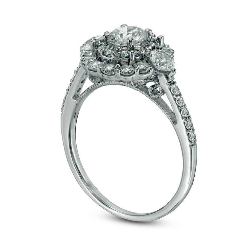 1.5 CT. T.W. Natural Diamond Three Stone Double Oval Frame Engagement Ring in Solid 14K White Gold