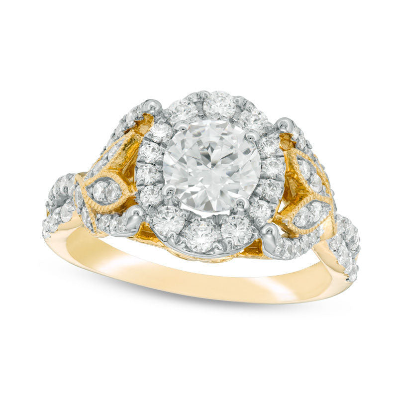 1.75 CT. T.W. Natural Diamond Oval Frame Leaf-Sides Antique Vintage-Style Engagement Ring in Solid 14K Gold