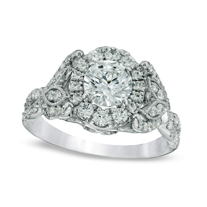 1.75 CT. T.W. Natural Diamond Oval Frame Leaf-Sides Antique Vintage-Style Engagement Ring in Solid 14K White Gold