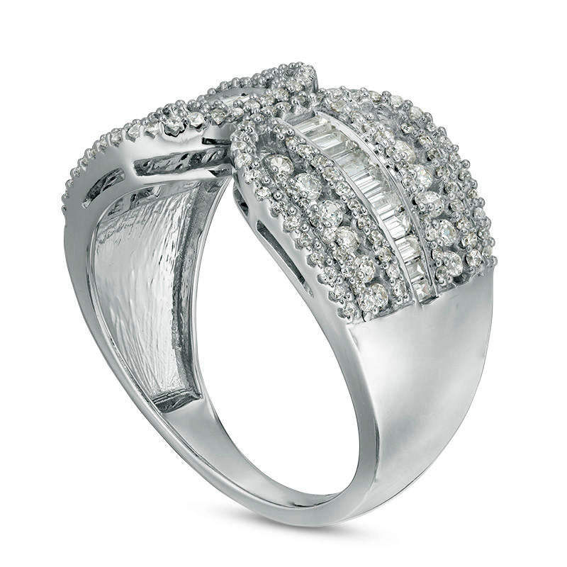 1.0 CT. T.W. Baguette and Round Natural Diamond Multi-Row Split Ring in Solid 10K White Gold