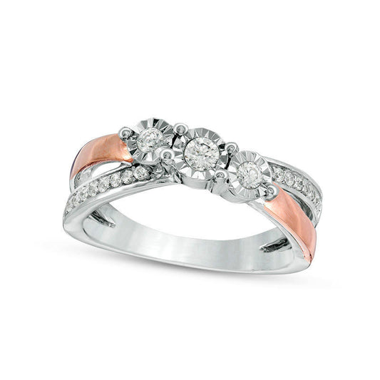 0.33 CT. T.W. Natural Diamond Three Stone Crossover Engagement Ring in Sterling Silver and Solid 10K Rose Gold