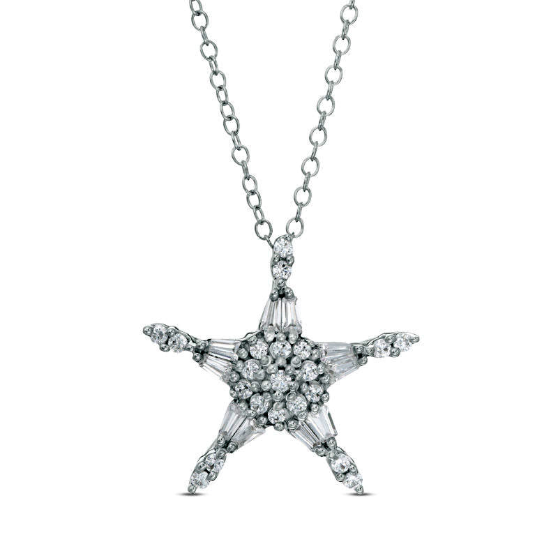 0.5 CT. T.W. Baguette and Round Natural Diamond Star Pendant in 14K White Gold