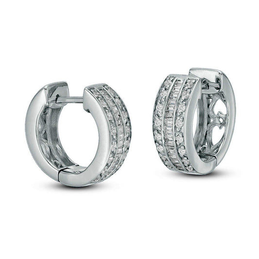 0.33 CT. T.W. Baguette and Round Diamond Multi-Row Huggie Hoop Earrings in 14K White Gold