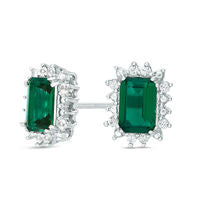 Emerald-Cut Lab-Created Emerald and White Sapphire Starburst Frame Stud Earrings in Sterling Silver