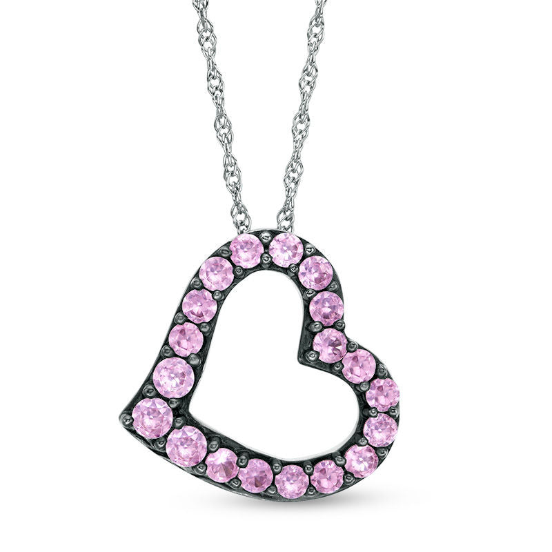 Graduated Lab-Created Pink Sapphire Tilted Heart Pendant in Sterling Silver with Black Rhodium