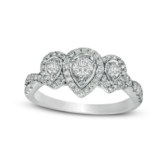 0.75 CT. T.W. Natural Diamond Three Stone Pear-Shaped Frame Twist Engagement Ring in Solid 10K White Gold