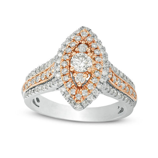 1.0 CT. T.W. Natural Diamond Double Marquise Frame Multi-Row Engagement Ring in Solid 10K Two-Tone Gold