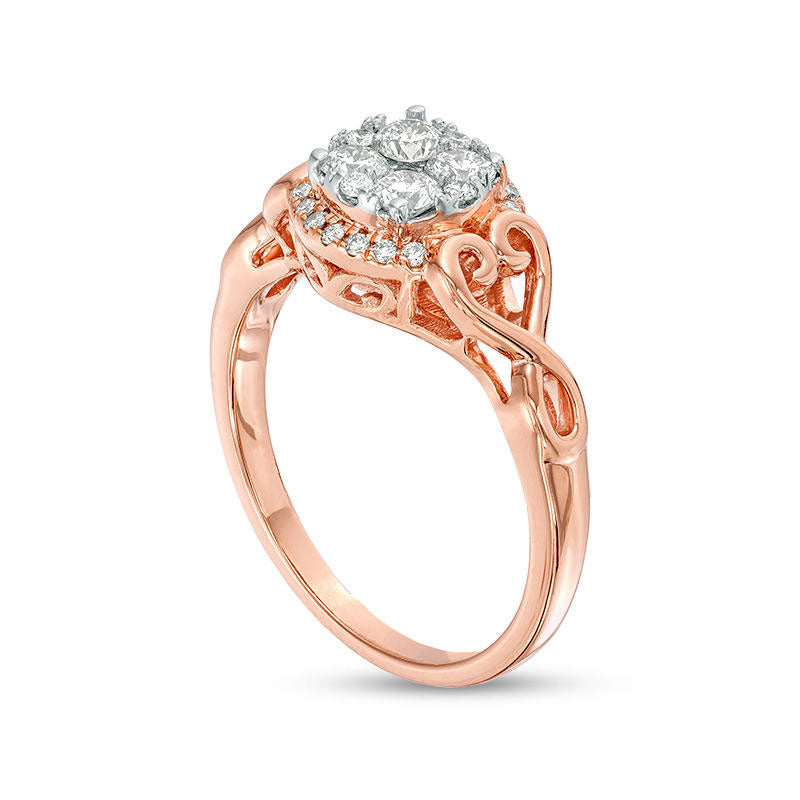 0.50 CT. T.W. Quad Natural Diamond Filigree Heart-Sides Engagement Ring in Solid 10K Rose Gold