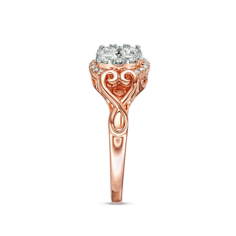 0.50 CT. T.W. Quad Natural Diamond Filigree Heart-Sides Engagement Ring in Solid 10K Rose Gold