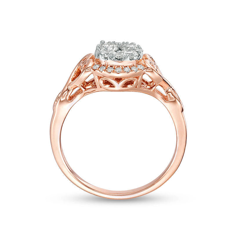 0.50 CT. T.W. Quad Natural Diamond Filigree Heart-Sides Engagement Ring in Solid 10K Rose Gold