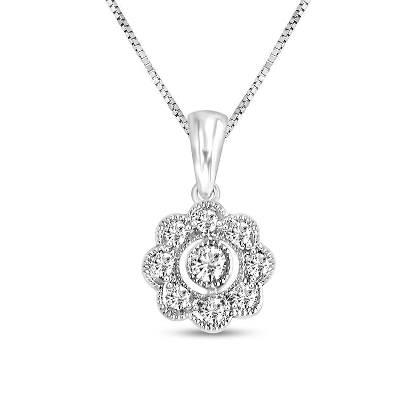 0.17 CT. T.W. Natural Diamond Flower Frame Antique Vintage-Style Pendant in Sterling Silver