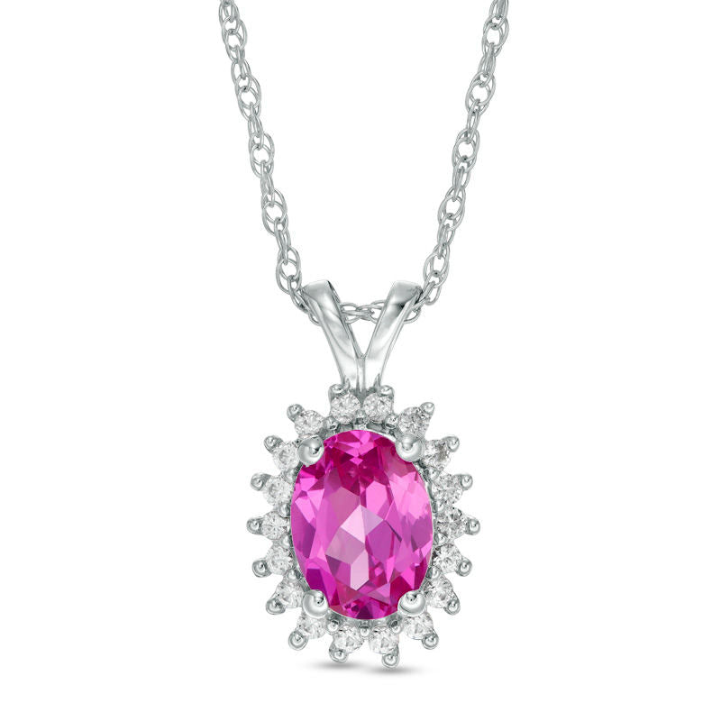 Oval Lab-Created Pink and White Sapphire Starburst Frame Pendant in Sterling Silver