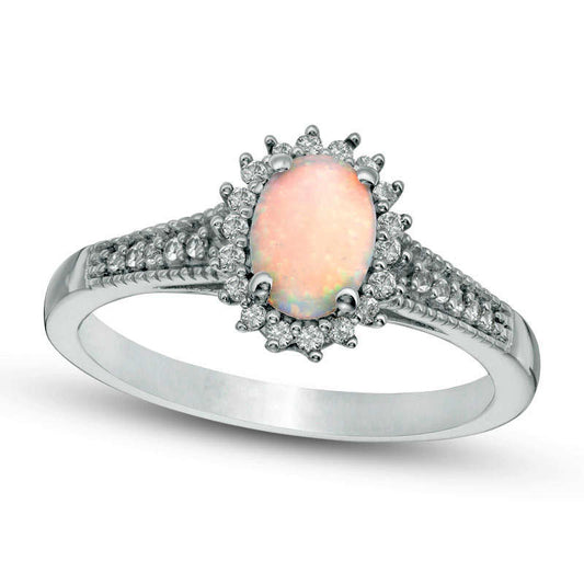 Oval Lab-Created Opal and White Sapphire Starburst Frame Antique Vintage-Style Ring in Sterling Silver