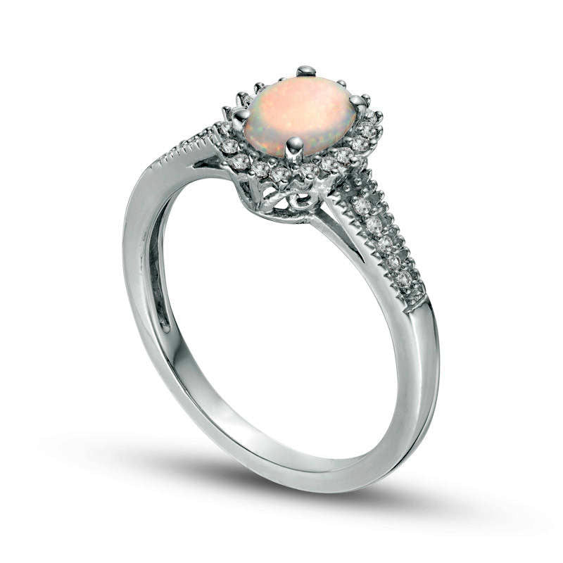 Oval Lab-Created Opal and White Sapphire Starburst Frame Antique Vintage-Style Ring in Sterling Silver