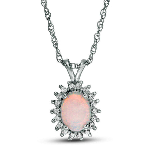 Oval Lab-Created Opal and White Sapphire Starburst Frame Pendant in Sterling Silver