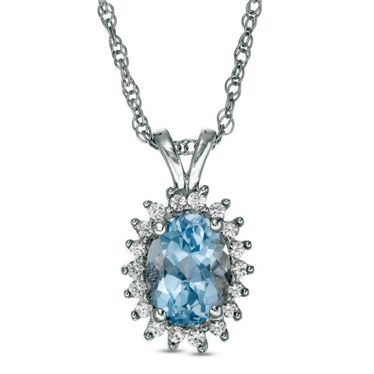 Oval Aquamarine and Lab-Created White Sapphire Starburst Frame Pendant in Sterling Silver