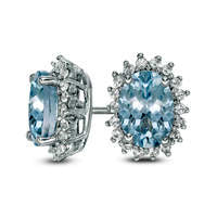 Oval Aquamarine and Lab-Created White Sapphire Starburst Frame Stud Earrings in Sterling Silver