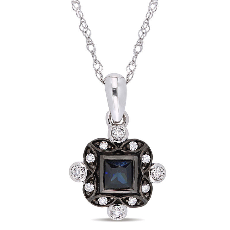 Princess-Cut Blue Sapphire and 0.05 CT. T.W. Natural Diamond Art Deco Drop Pendant in 10K White Gold and Black Rhodium - 17"