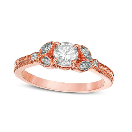 5.0mm Lab-Created White Sapphire and Diamond Accent Leaf Antique Vintage-Style Ring in Solid 10K Rose Gold