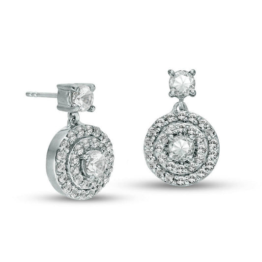 3.7mm Lab-Created White Sapphire Double Frame Drop Earrings in 10K White Gold