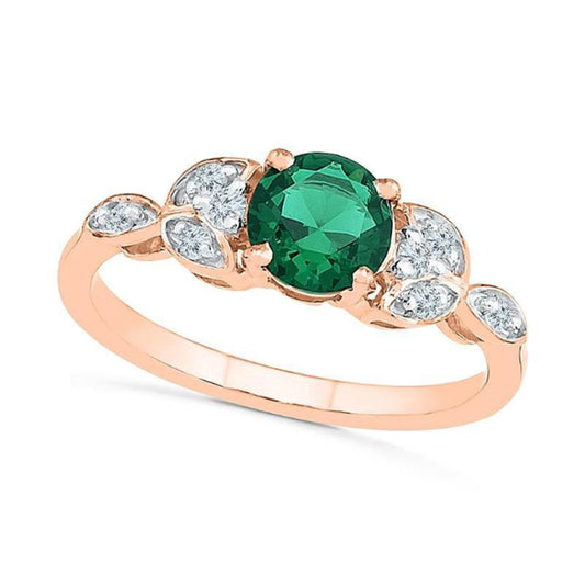 6.0mm Lab-Created Emerald and White Sapphire Leaf Ring in Solid 10K Rose Gold