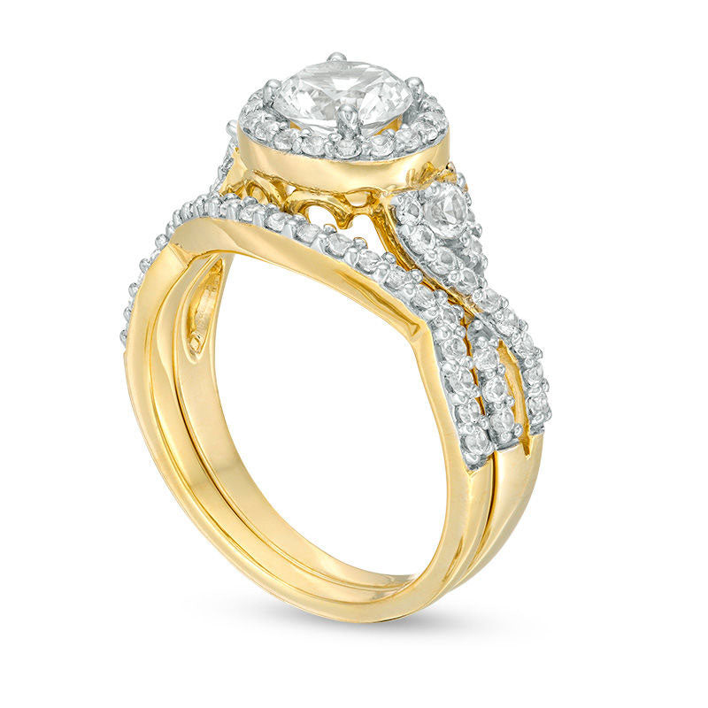 6.0mm Lab-Created White Sapphire Frame Twist Shank Bridal Engagement Ring Set in Sterling Silver with Solid 14K Gold Plate