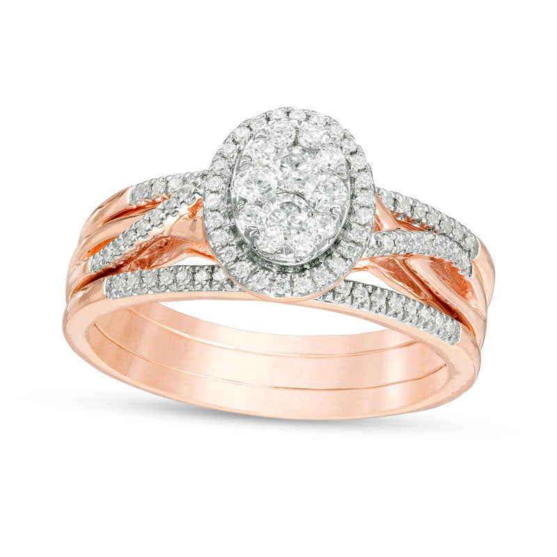 0.33 CT. T.W. Composite Natural Diamond Oval Frame Twist Bridal Engagement Ring Set in Solid 10K Rose Gold