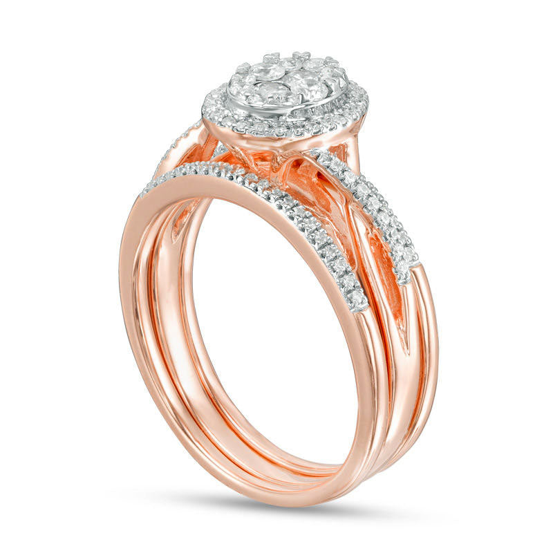 0.33 CT. T.W. Composite Natural Diamond Oval Frame Twist Bridal Engagement Ring Set in Solid 10K Rose Gold