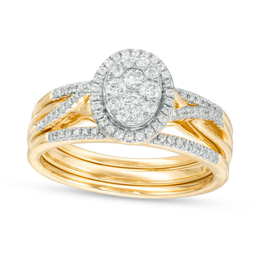 0.33 CT. T.W. Composite Natural Diamond Oval Frame Twist Bridal Engagement Ring Set in Solid 10K Yellow Gold