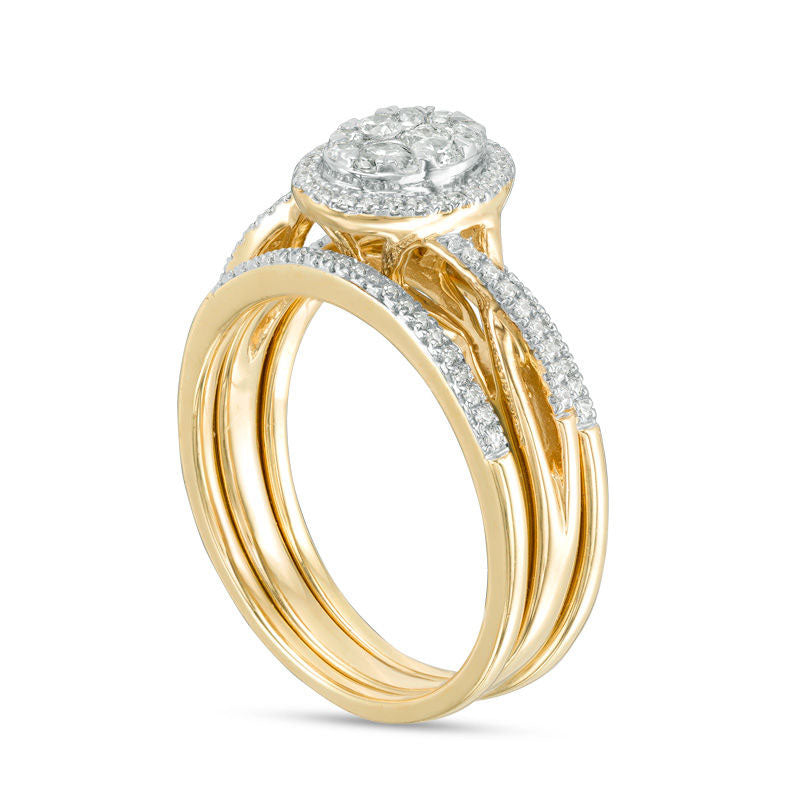 0.33 CT. T.W. Composite Natural Diamond Oval Frame Twist Bridal Engagement Ring Set in Solid 10K Yellow Gold