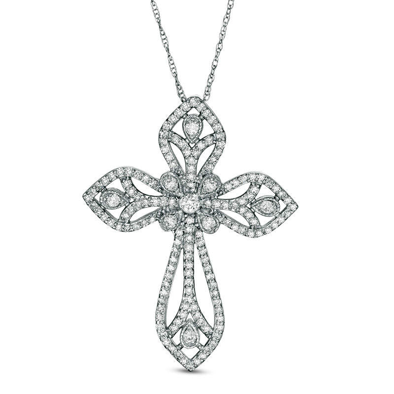 0.75 CT. T.W. Natural Diamond Petal Cross Pendant in 10K White Gold