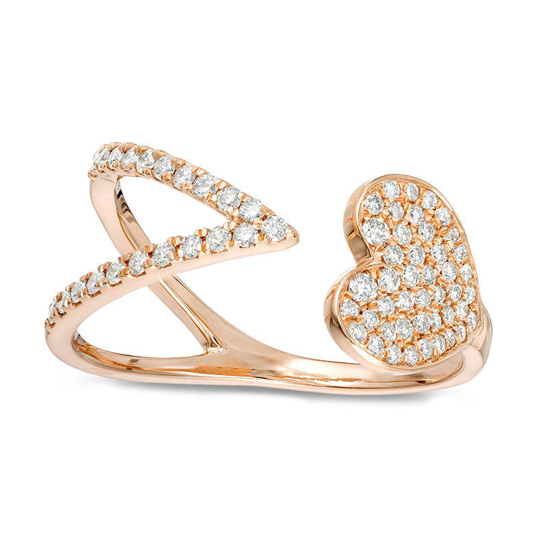 0.33 CT. T.W. Natural Diamond Sideways Heart and Chevron Adjustable Open Ring in Solid 10K Rose Gold