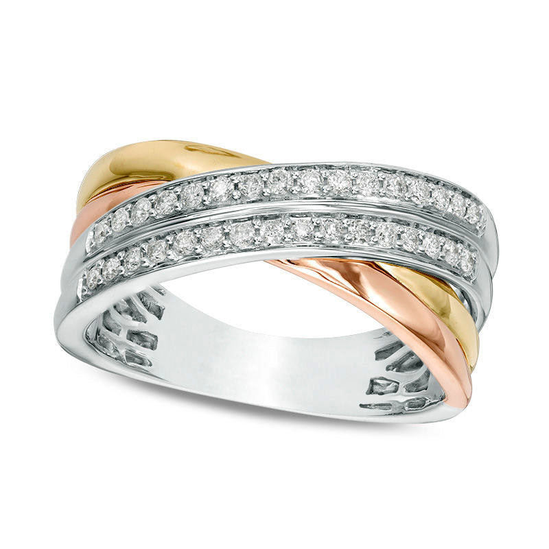 0.25 CT. T.W. Natural Diamond Crossover Ring in Solid 10K Tri-Tone Gold