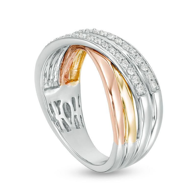 0.25 CT. T.W. Natural Diamond Crossover Ring in Solid 10K Tri-Tone Gold